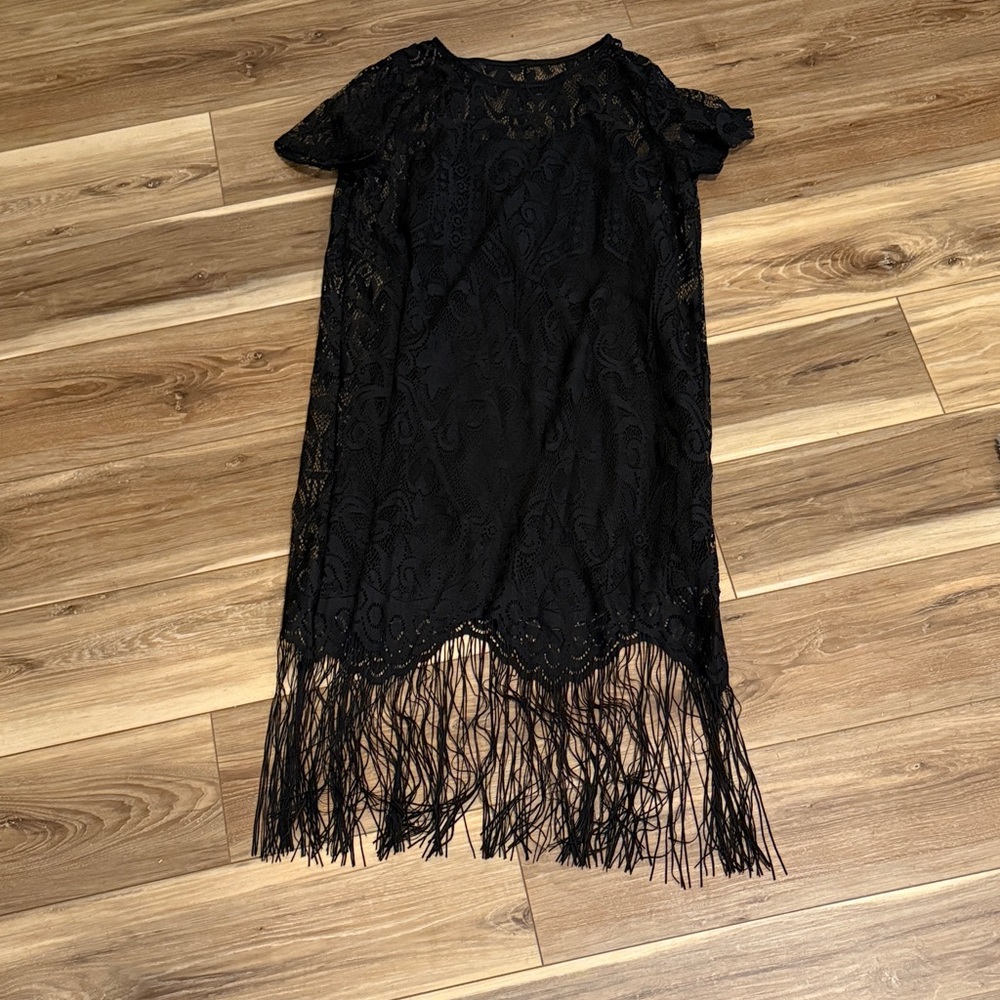 SHEIN Black Lace Fringe Mini Dress
